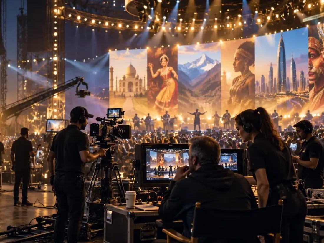 A Parazo crew at the monitors in front of a lit stage at sunrise