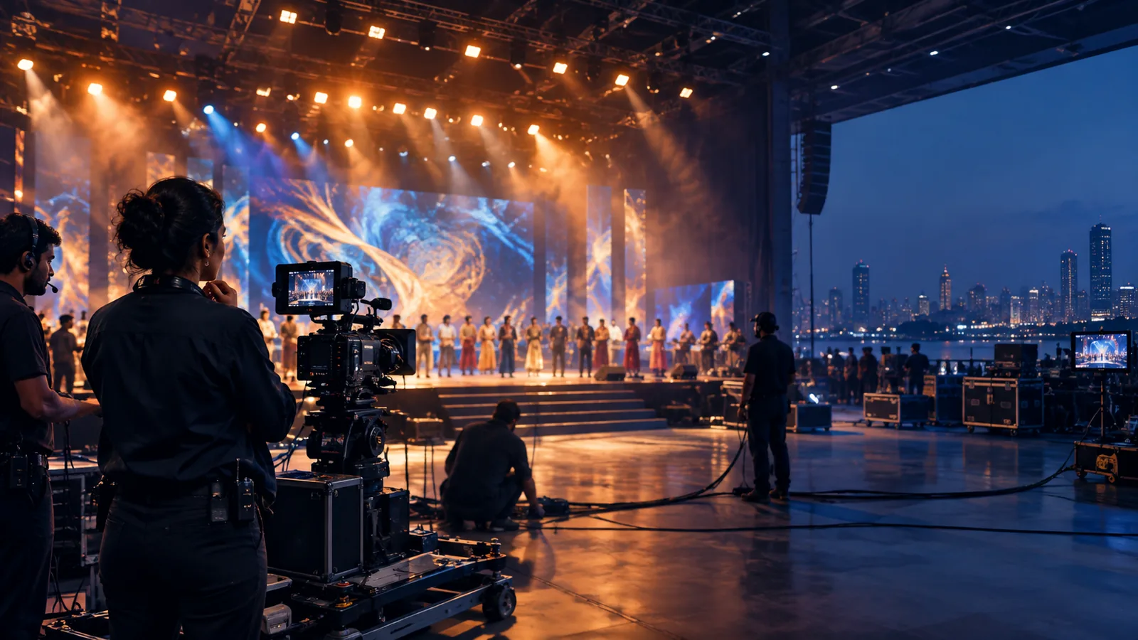 A camera operator framing a night performance from a dolly, monitors glowing beside her and a lit skyline through the open side of the set
