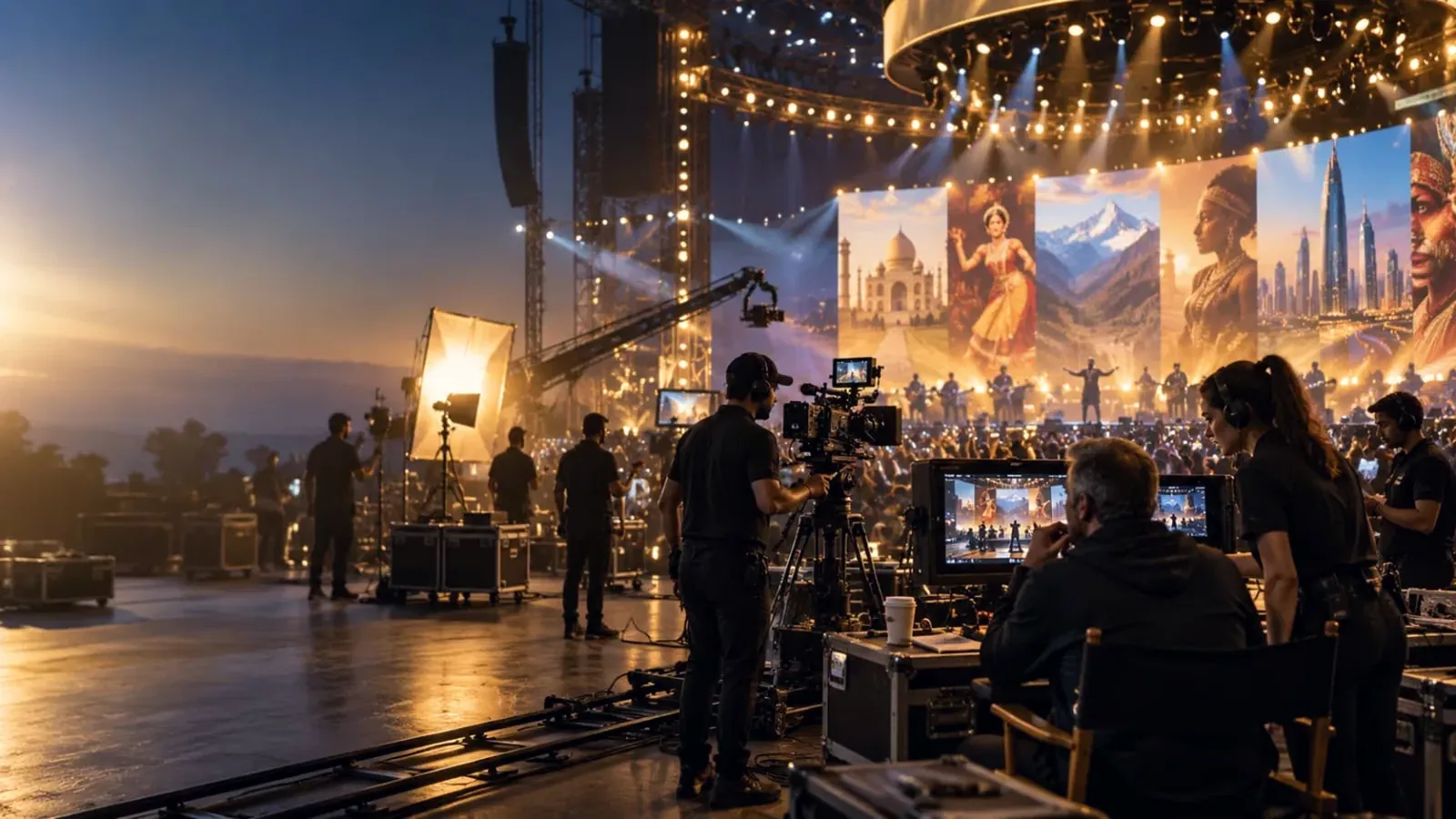 Sunrise over an outdoor set: a crane-mounted camera and crew at the monitors facing a stage whose LED panels show the Taj Mahal, a classical dancer, mountains and a skyline