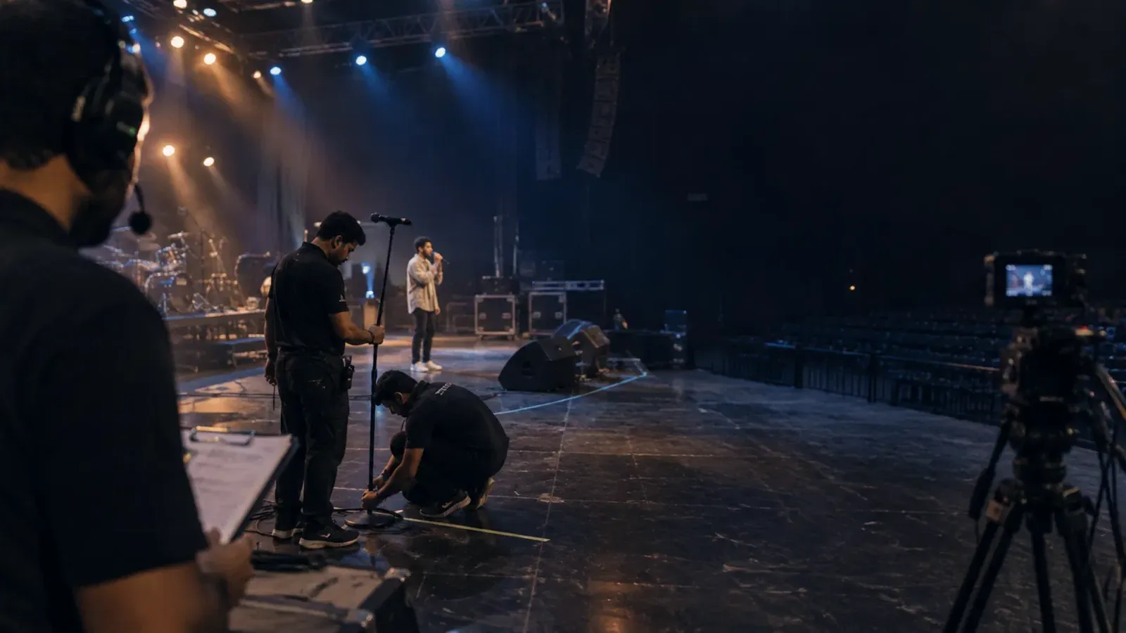 Crew running a soundcheck on a dark stage, one technician holding a mic stand while another kneels to tape the cable, the seats beyond still empty