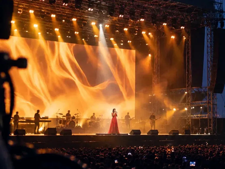 Main stage lit in amber with the crowd in front