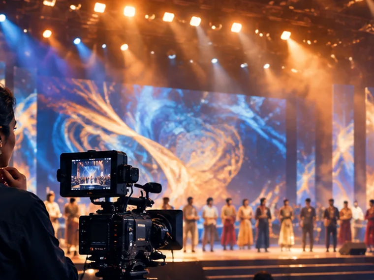 Camera framing performers against a blue LED wall