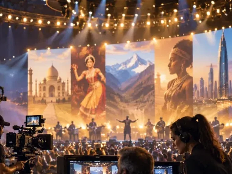 LED panels showing Indian landmarks above a festival stage