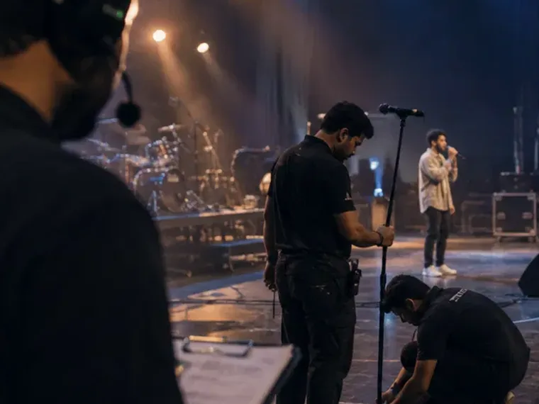 Technicians running a soundcheck on a dark stage