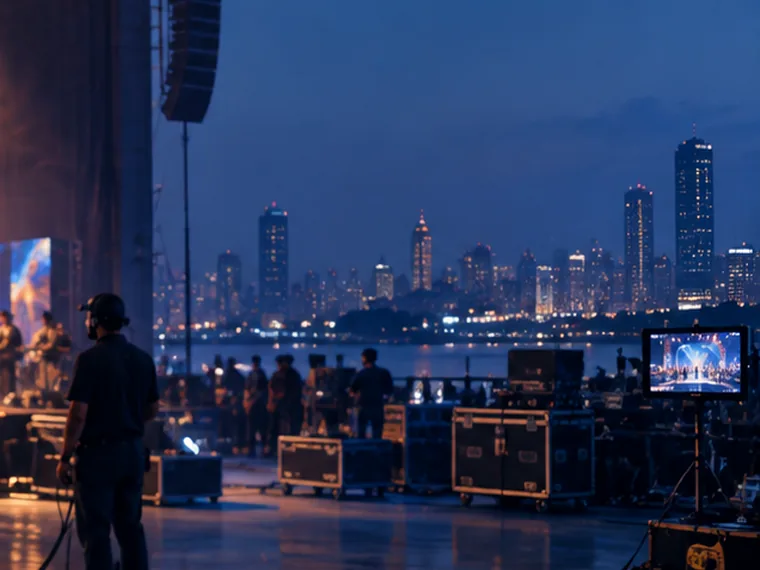 Monitors and flight cases on set with the city skyline behind