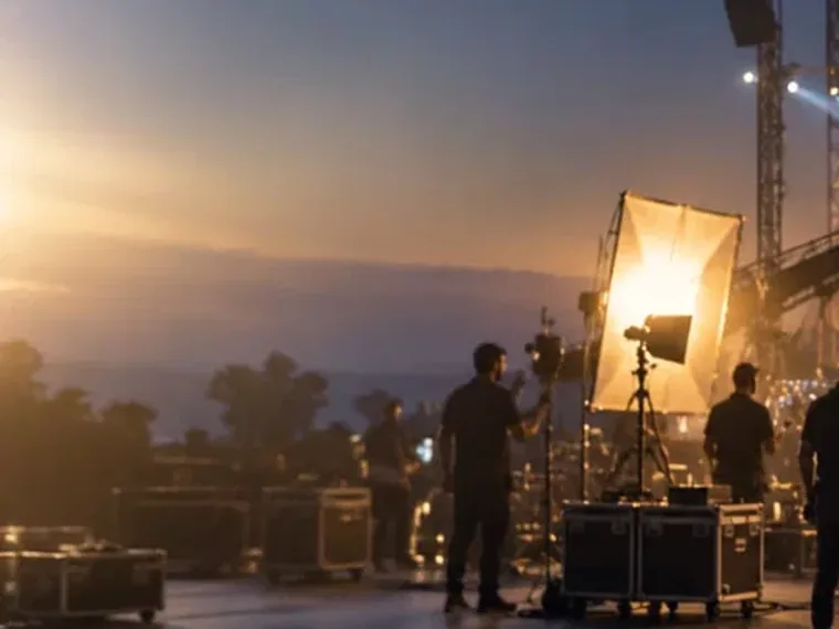 A camera crane and lighting rig on an outdoor set at sunrise