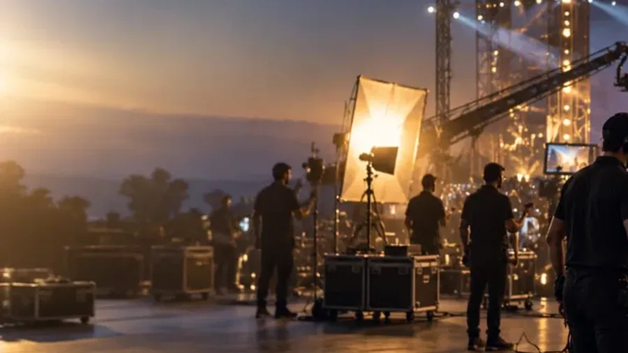 A camera crane and crew rigging an outdoor set at sunrise