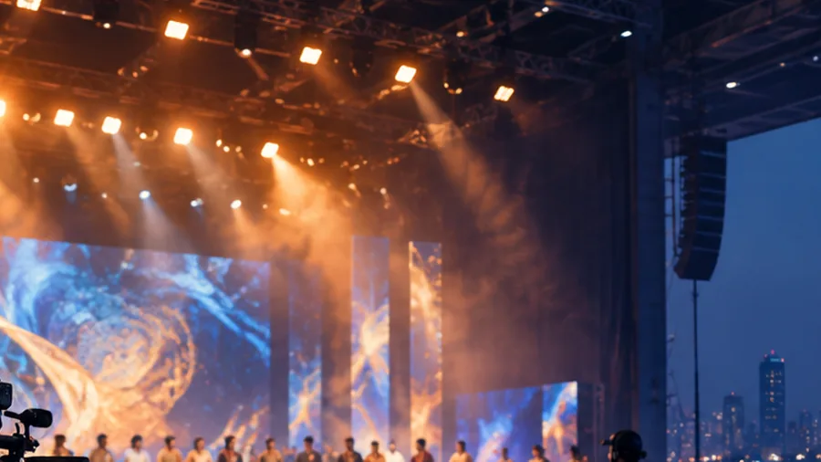 A wide blue and gold LED wall behind performers on a studio stage