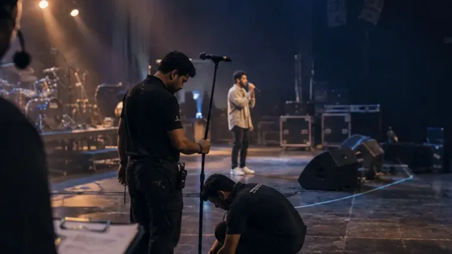 Crew taping a cable at a mic stand during a soundcheck