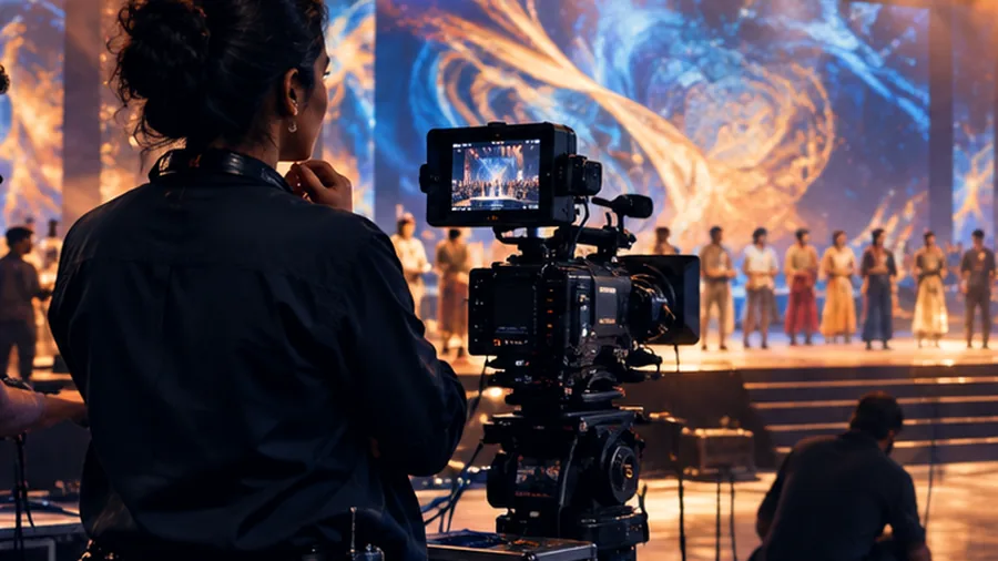 A camera operator at the eyepiece on a live set