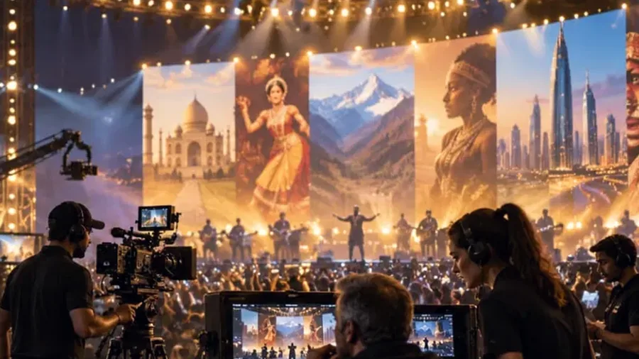 LED panels showing Indian landmarks and a classical dancer above a festival stage