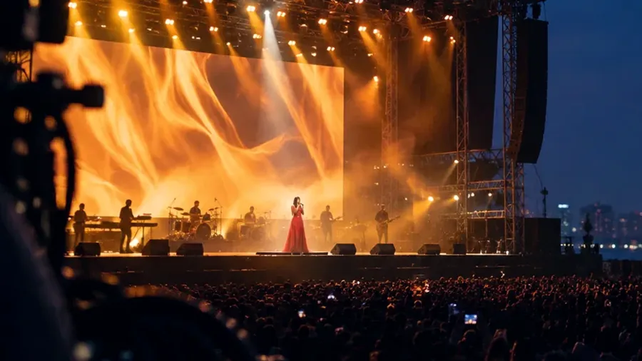 A festival stage lit in amber with the crowd in front of it