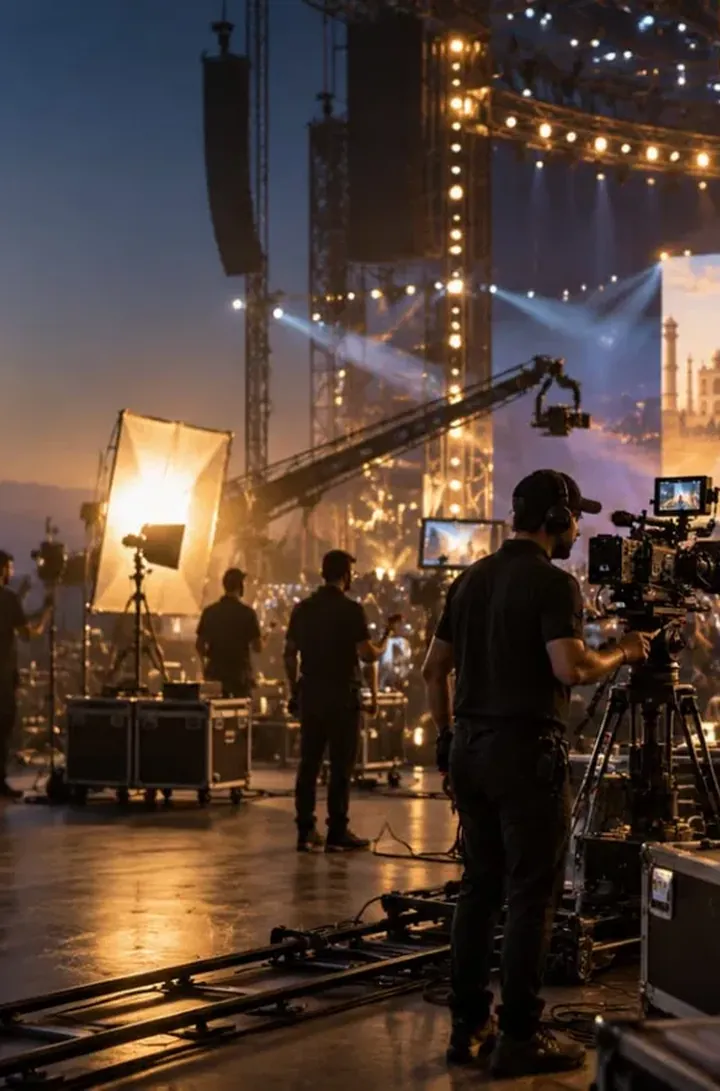 Crew setting a softbox and camera crane on an outdoor set as the sun comes up