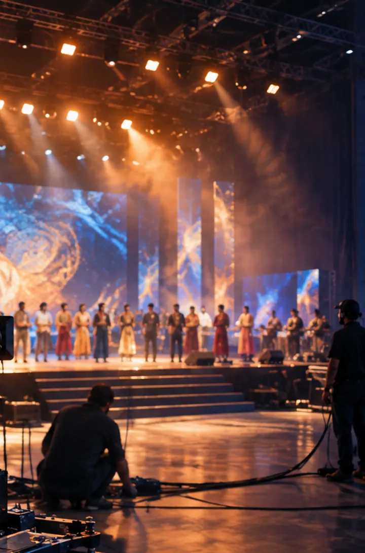 A stage framed by a blue and gold swirl on tall LED panels, lights raking down from the truss