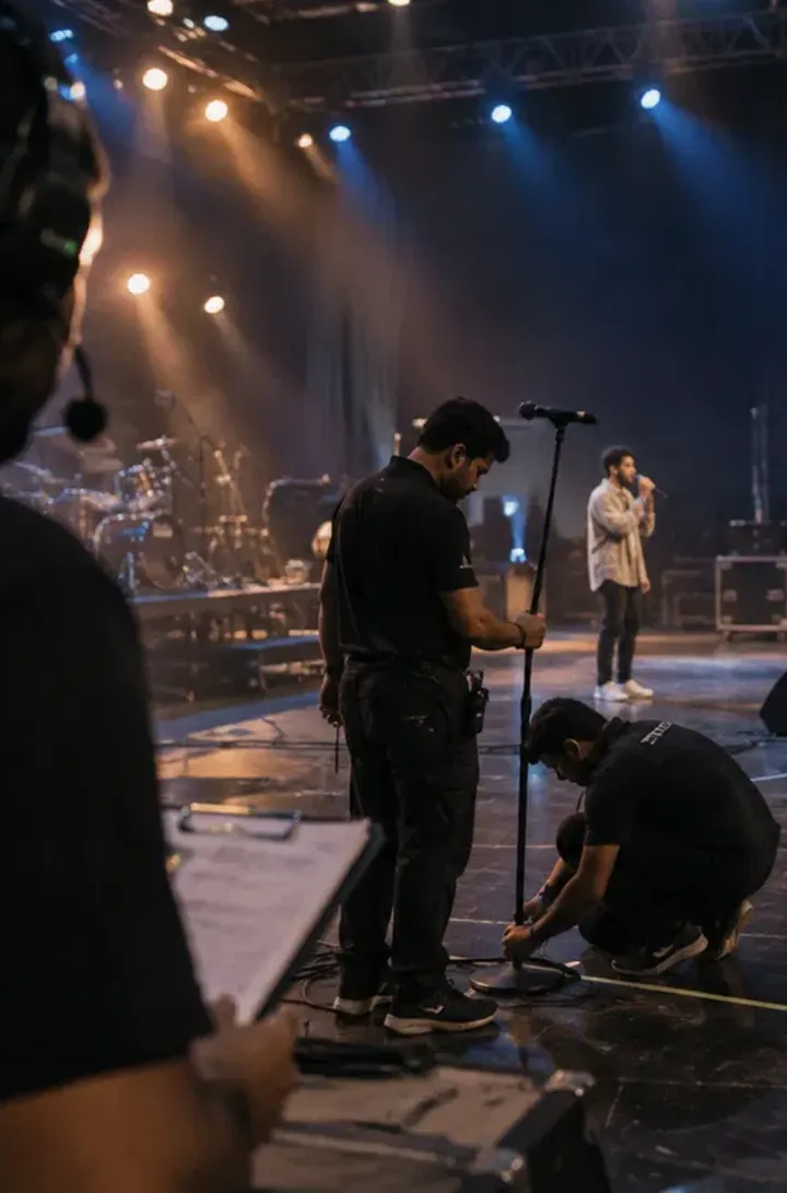 A technician kneels to tape a cable at a mic stand during soundcheck while a singer rehearses