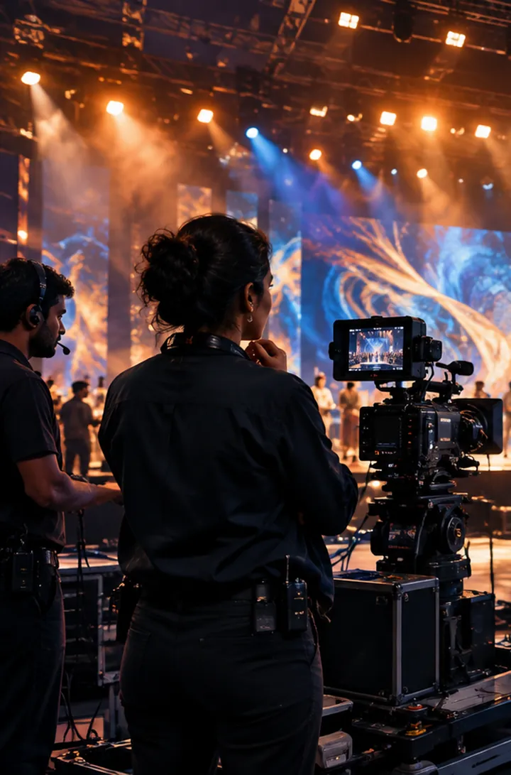 A camera operator in a headset beside a dolly-mounted camera, a lit ensemble on the stage beyond