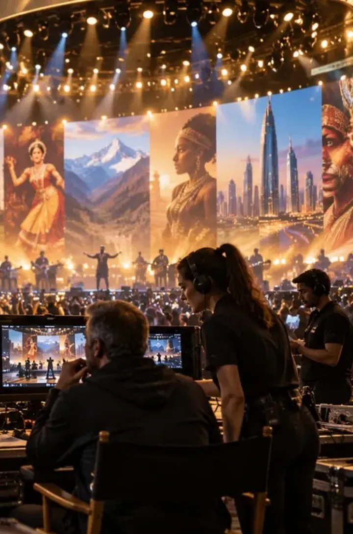 LED panels showing a classical dancer, mountains and a skyline above crew at their monitors