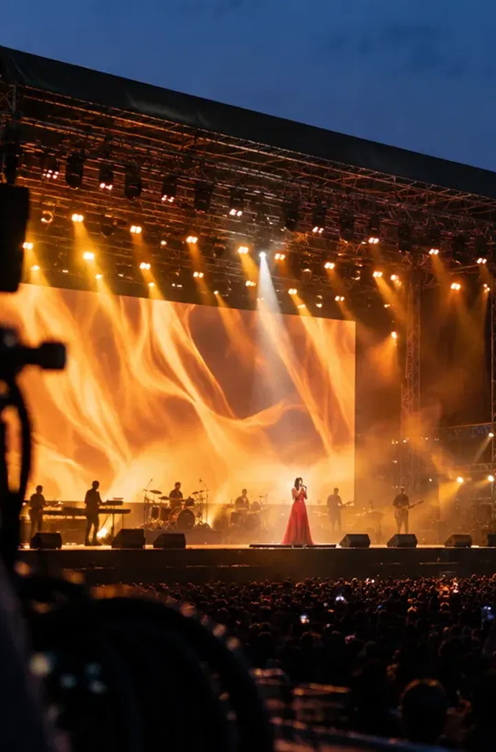 An open-air stage at night, a singer in red in front of a wall of flame on the LED screen