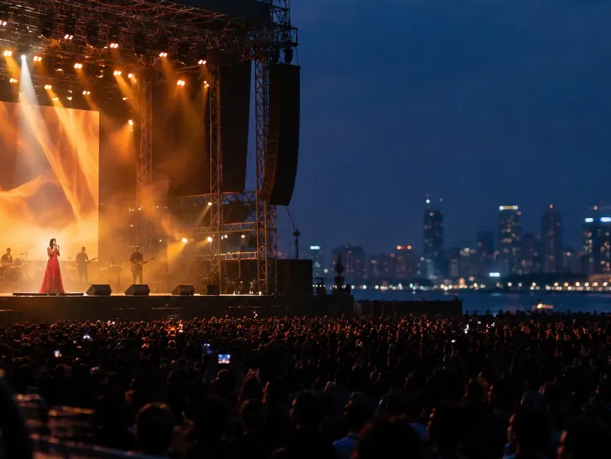 A packed open-air crowd facing a flame-lit stage, city towers lit across the water