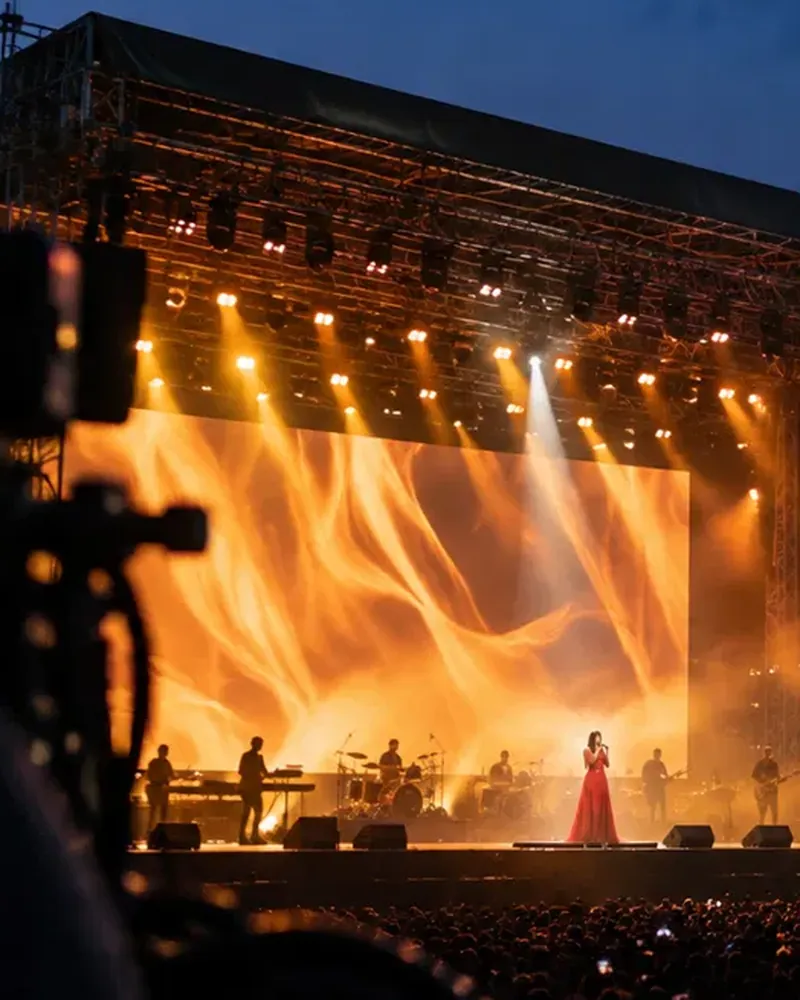 A singer in red on a tall open-air stage, flames filling the LED wall behind the band