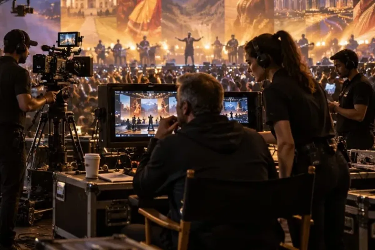 Directors in headsets at a bank of monitors in front of a cultural showcase stage